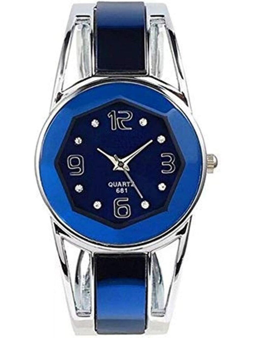 Women's Blue Quartz with Rhinestone Round Dial Stainless Steel Band Cuff Watch - Picture 1 of 7